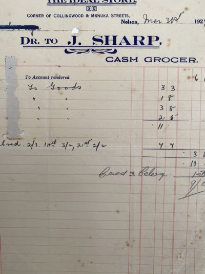ANTIQUE INVOICE: J. Sharp, Nelson - Cash Grocer 1929 
