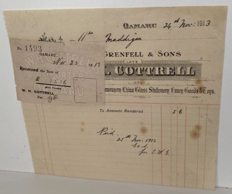 ANTIQUE INVOICE: Grenfell & Sons, (W.H. Cottrell), Oamaru 1913