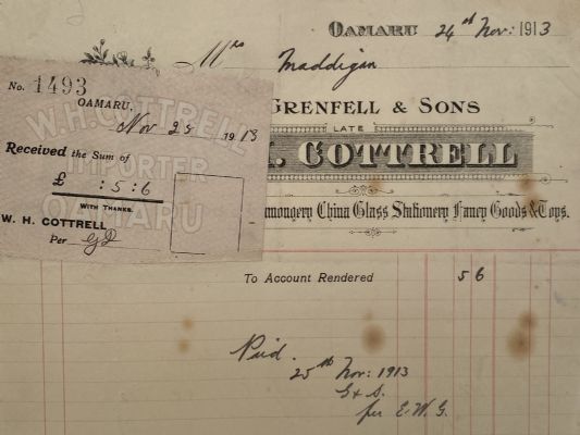 ANTIQUE INVOICE: Grenfell & Sons, (W.H. Cottrell), Oamaru 1913 