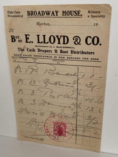 ANTIQUE INVOICE: E. Lloyd & Co, Marton - Drapers & Boot Distributors 1900s