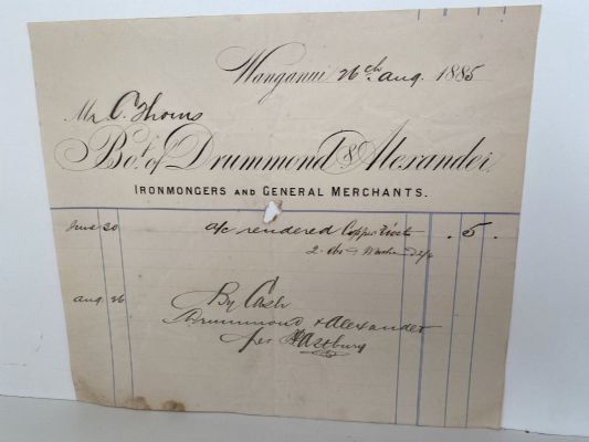 ANTIQUE INVOICE: Drummond & Alexander, Wanganui – Ironmongers 1885