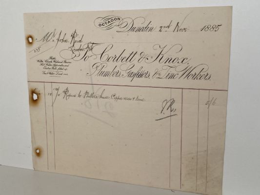 ANTIQUE INVOICE: Corbett & Knox, Dunedin - Plumbers and Gasfitters 1885