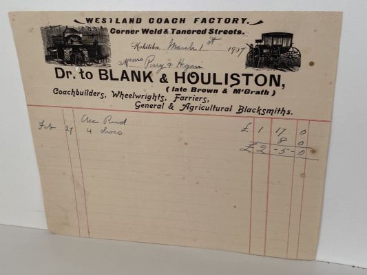 ANTIQUE INVOICE: Blank & Houliston, Hokitika - Westland Coach Factory 1907