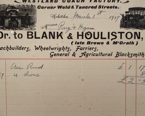 ANTIQUE INVOICE: Blank & Houliston, Hokitika - Westland Coach Factory 1907 