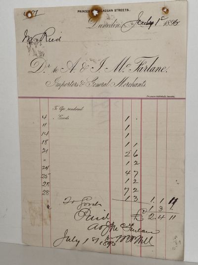 ANTIQUE INVOICE: A & J McFarlane, Dunedin - Importers & Merchants 1895