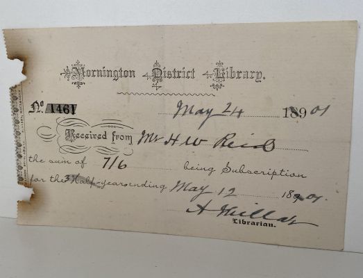 VINTAGE RECEIPT: Mornington District Library 1901