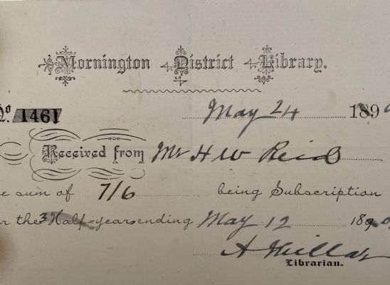VINTAGE RECEIPT: Mornington District Library 1901 