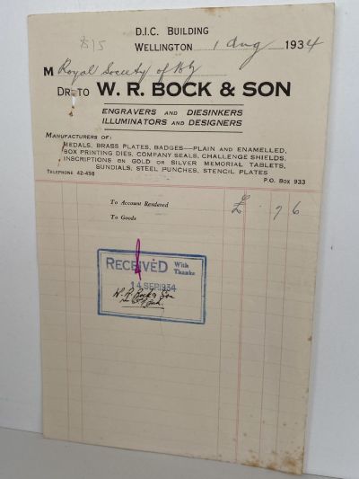 VINTAGE INVOICE: W. R. Bock & Son, Wellington – Engravers and Diesinkers 1934