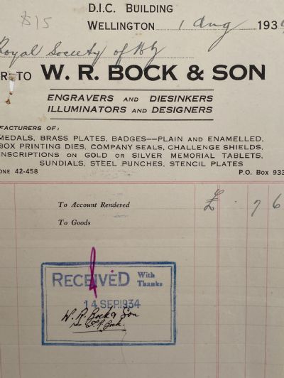 VINTAGE INVOICE: W. R. Bock & Son, Wellington – Engravers and Diesinkers 1934 