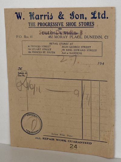 VINTAGE INVOICE: W. Harris & Son Ltd, Dunedin – The Progressive Shoe Stores 1940