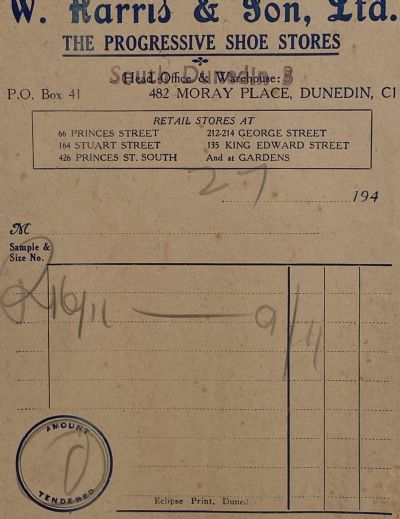 VINTAGE INVOICE: W. Harris & Son Ltd, Dunedin – The Progressive Shoe Stores 1940 