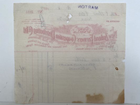 VINTAGE INVOICE: The New Zealand Farmers Co-operative Distributing Co. Ltd. 1939