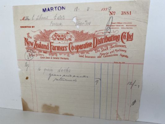VINTAGE INVOICE: The New Zealand Farmers Co-operative Distributing Co. Ltd. 1939