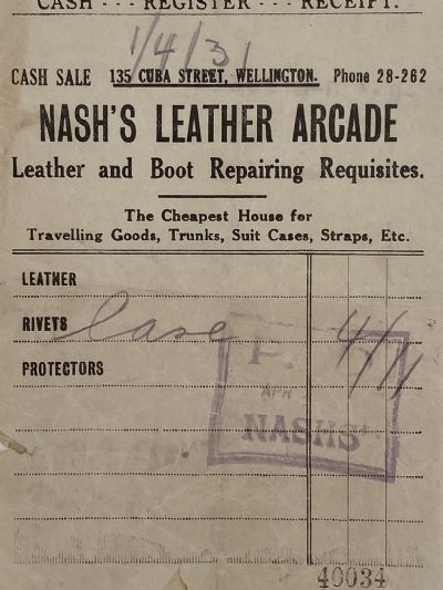 VINTAGE INVOICE: Nash’s Leather Arcade, Wellington – Leather & Boot Repairs 1931 