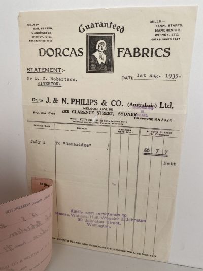 VINTAGE INVOICE: J. & N. Philips & Co. Ltd. Sydney - Dorcas Fabrics 1935