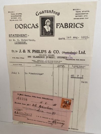 VINTAGE INVOICE: J. & N. Philips & Co. Ltd. Sydney - Dorcas Fabrics 1935