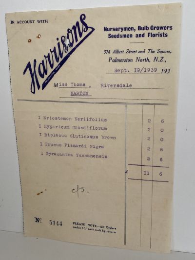 VINTAGE INVOICE: Harrisons, Palmerston North – Nurserymen, Seedsmen 1939