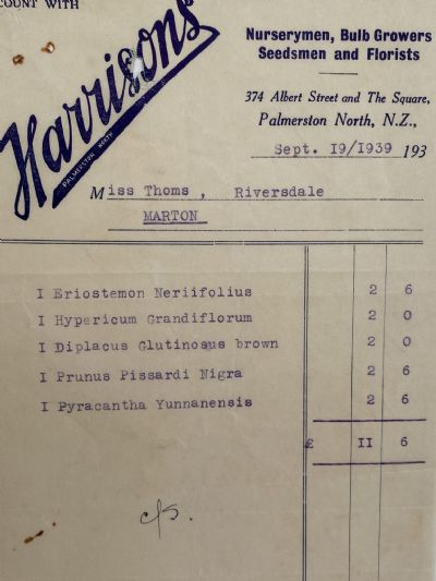 VINTAGE INVOICE: Harrisons, Palmerston North – Nurserymen, Seedsmen 1939 