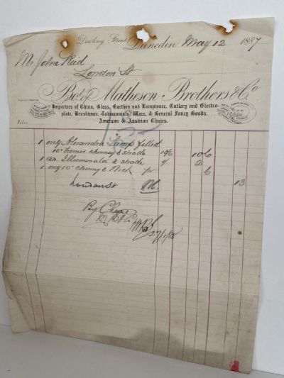 ANTIQUE INVOICE: Matheson Brothers & Co, Dunedin 1887