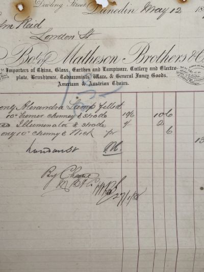ANTIQUE INVOICE: Matheson Brothers & Co, Dunedin 1887 
