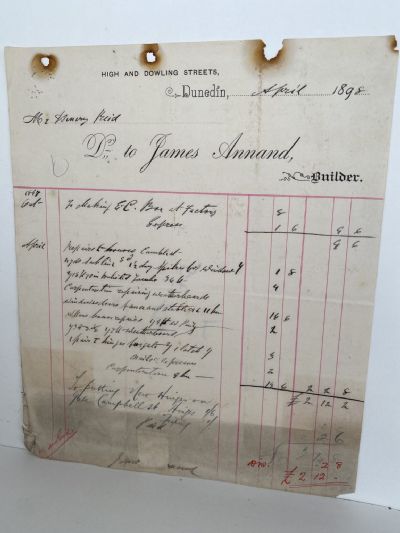 ANTIQUE INVOICE: James Annand, Dunedin - Builder 1898