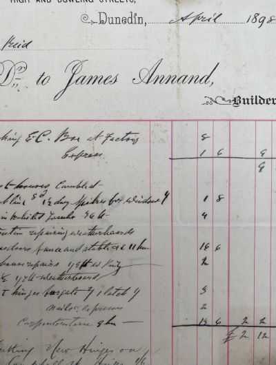 ANTIQUE INVOICE: James Annand, Dunedin - Builder 1898 
