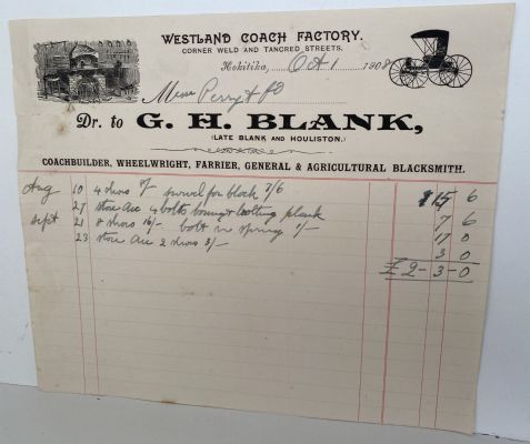 ANTIQUE INVOICE: G.H. Blank, Hokitika – Westland Coach Factory 1908