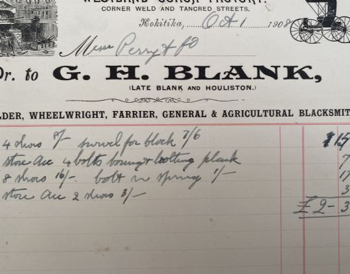 ANTIQUE INVOICE: G.H. Blank, Hokitika – Westland Coach Factory 1908 