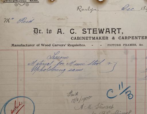 ANTIQUE INVOICE: A.C. Stewart, Raglan – Cabinetmaker & Upholsterer 1899 
