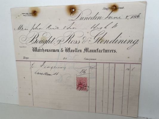 ANTIQUE INVOICE: Ross Glendining Ltd, Dunedin - Warehousemen & Woolens 1886