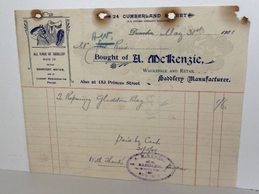 ANTIQUE INVOICE: A. McKenzie, Dunedin - Saddlery Manufacturer 1901