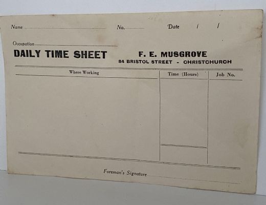 VINTAGE TIMESHEET: F. E. Musgrove, Christchurch