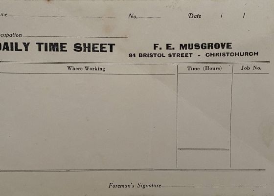 VINTAGE TIMESHEET: F. E. Musgrove, Christchurch 