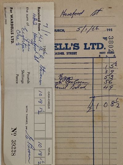 VINTAGE INVOICE: Wardell's Ltd, Christchurch 1966 