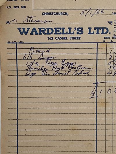 VINTAGE INVOICE: Wardell's Ltd, Christchurch 1966