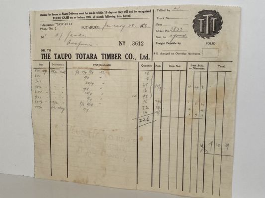 VINTAGE INVOICE: The Taupo Totora Timber Co. Ltd, Putararu 1948