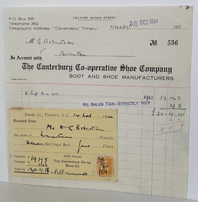 VINTAGE INVOICE: The Canterbury Co-Operative Shoe Company 1934