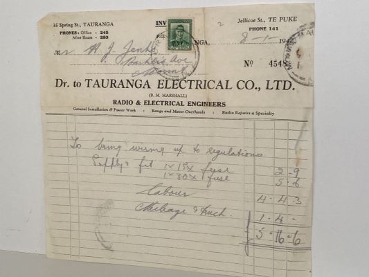 VINTAGE INVOICE: Tauranga Electrical Co Ltd - Radio & Electrical Engineers 1948