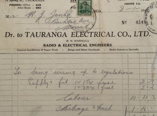 VINTAGE INVOICE: Tauranga Electrical Co Ltd - Radio & Electrical Engineers 1948 