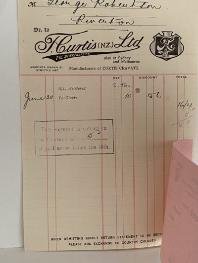 VINTAGE INVOICE: T. Curtis (N.Z.) Ltd, Auckland - Curtis Cravats 1935