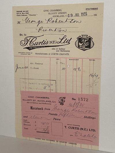 VINTAGE INVOICE: T. Curtis (N.Z.) Ltd, Auckland - Curtis Cravats 1935