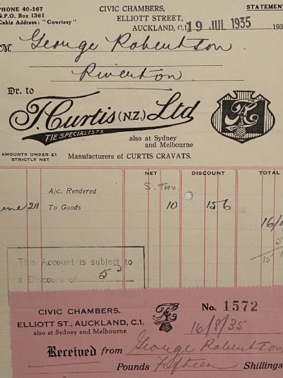 VINTAGE INVOICE: T. Curtis (N.Z.) Ltd, Auckland - Curtis Cravats 1935 