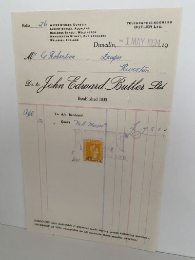 VINTAGE INVOICE: John Edward Butler, Dunedin 1934