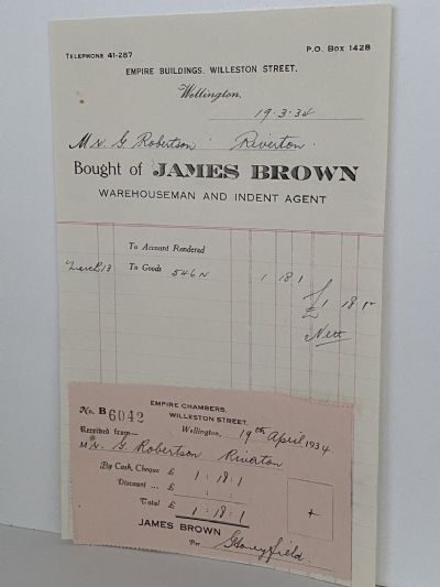 VINTAGE INVOICE: James Brown - Warehouseman and Indent Agent 1934