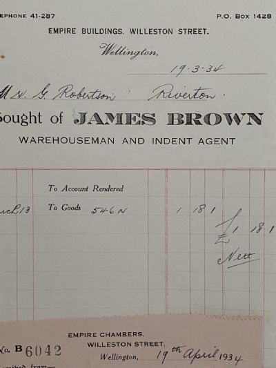 VINTAGE INVOICE: James Brown - Warehouseman and Indent Agent 1934 
