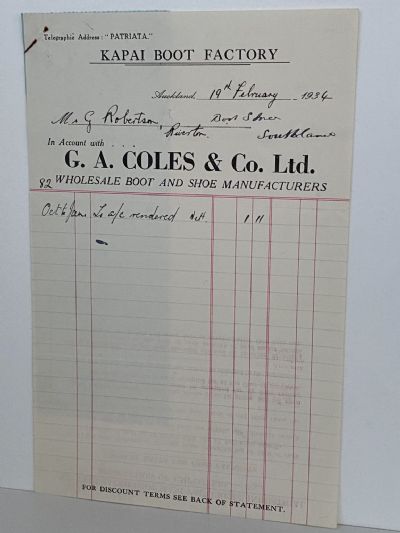 VINTAGE INVOICE: G.A. Coles & Co. Ltd, Auckland - Boot and Shoe Makers 1934