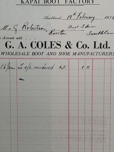 VINTAGE INVOICE: G.A. Coles & Co. Ltd, Auckland - Boot and Shoe Makers 1934 