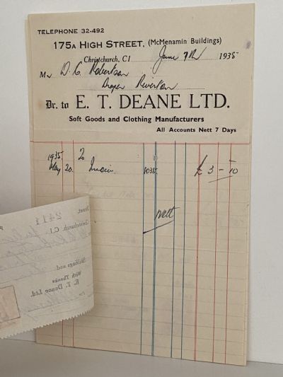 VINTAGE INVOICE: E. T Deane Ltd, Christchurch - Soft Goods 1935