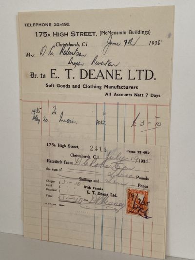 VINTAGE INVOICE: E. T Deane Ltd, Christchurch - Soft Goods 1935
