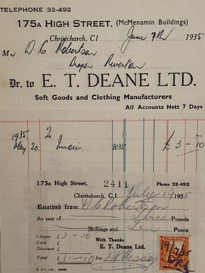 VINTAGE INVOICE: E. T Deane Ltd, Christchurch - Soft Goods 1935 